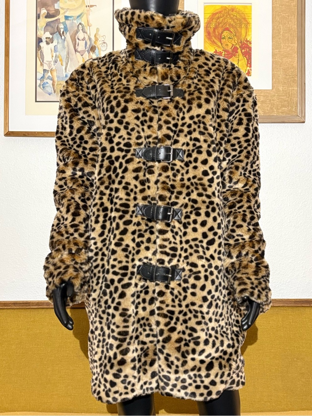 Cello Vintage Leopard Faux Fur Coat Heavy Luxury 100% Wool Lining Black L